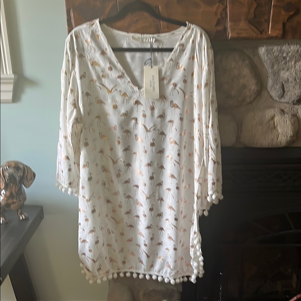 White Dress with Flamingo Print and Pom-Pom Trim